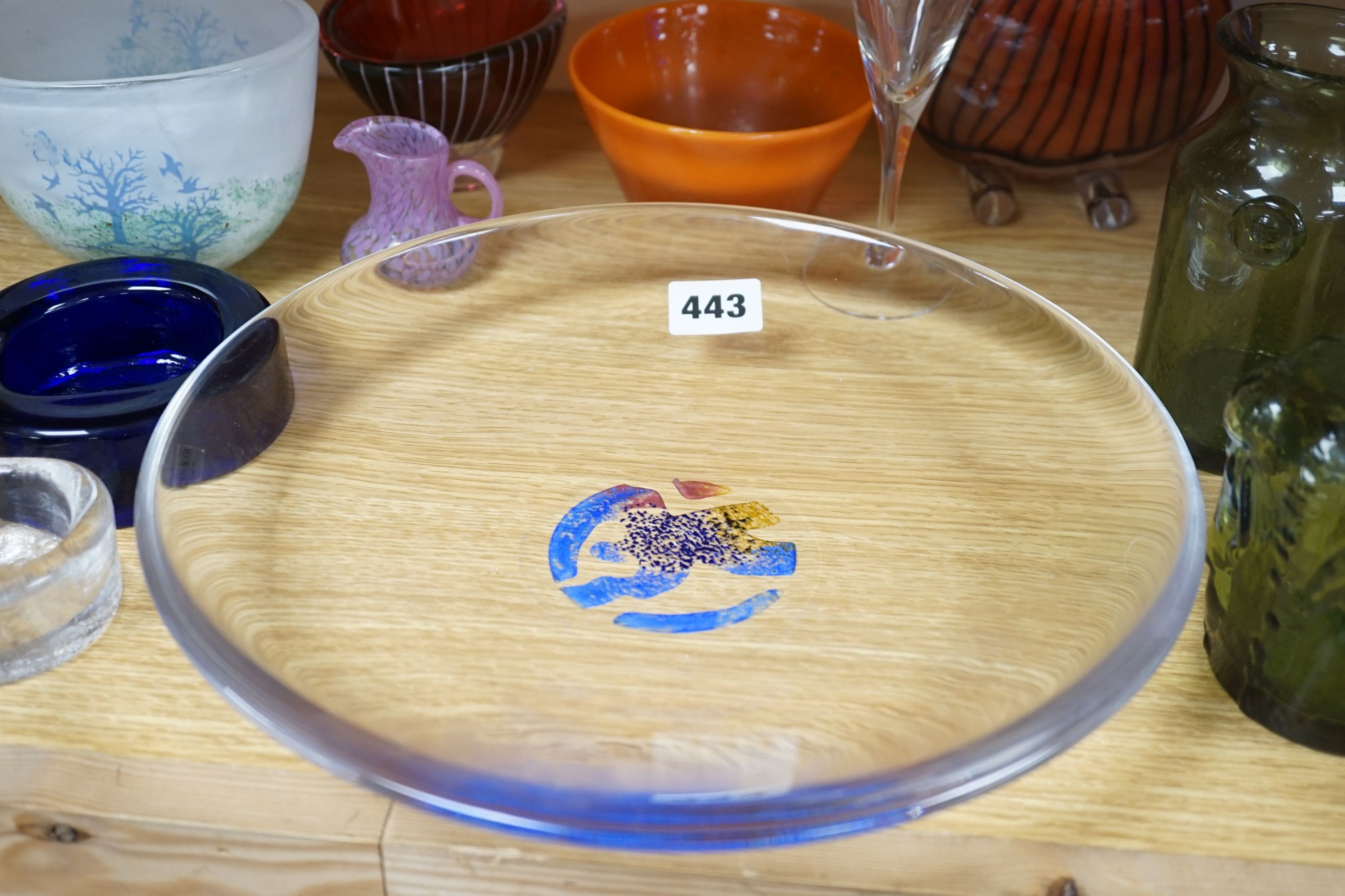 A Kosta Boda Bertil Vallien art glass dish, signed, No.79282 together with other Kosta Boda and Boda glassware-, dish 29.5 cms diameter.